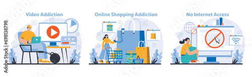 Internet addiction set. Illustrations depict the excessive indulgence in online videos, the allure of e-commerce, and the disconnect without internet access. Flat vector illustration.