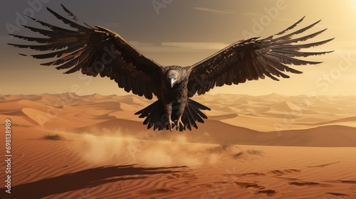 A desert vulture soaring high, its shadow cast on the sandy floor below.