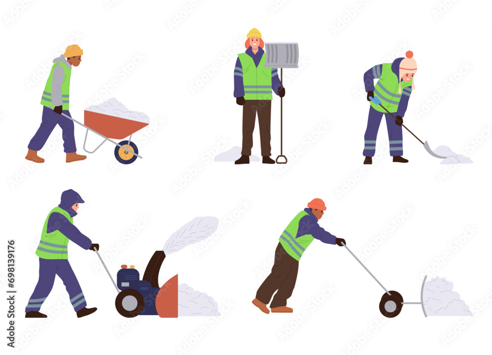 Isolated set of male janitor cartoon characters wearing uniform cleaning street from snow with tools