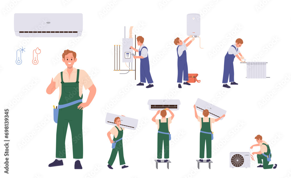 Workman cartoon character providing home heating, air conditioning maintenance professional service Workman cartoon character providing home heating, air conditioning maintenance professional service
