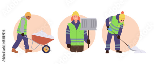 Isolated round icon composition set with city cleaner janitors cartoon characters removing snow