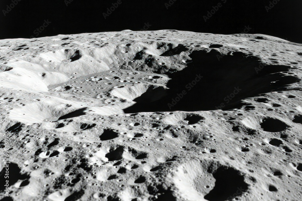An image showcasing the moon's surface against the backdrop of the cosmos, highlighting its stark beauty in the vastness of spac