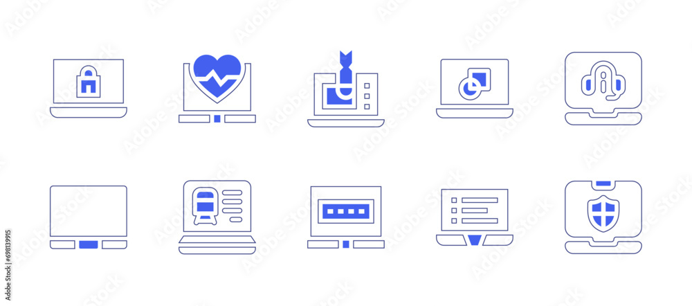 Laptop icon set. Duotone color. Vector illustration. Containing laptop, cyber attack, password, video call, protection.