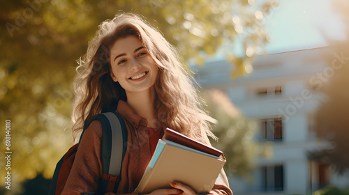  female smiling  student standing in front of college or university holding books in hand  photo