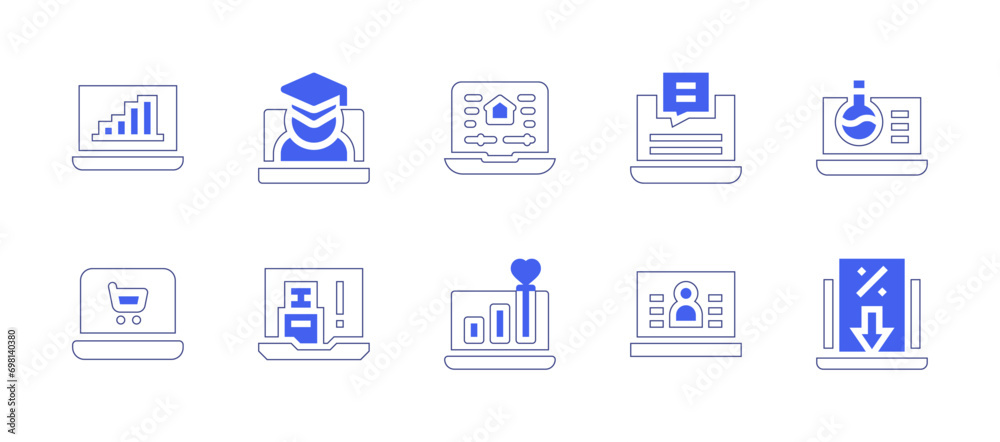 Laptop icon set. Duotone color. Vector illustration. Containing laptop, student, statistics, domotics, sale, chemistry, usb.