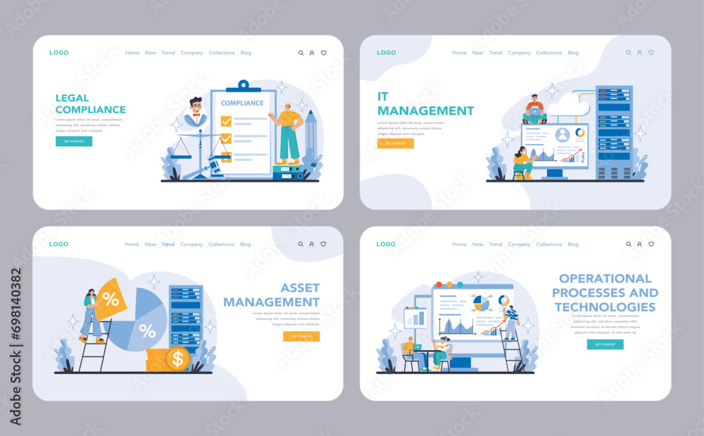 Operational processes and technologies set. Streamlining business procedures and system efficiency. Strategic integration of IT and asset management. Flat vector illustration. Operational processes and technologies set. Streamlining business procedures and system efficiency. Strategic integration of IT and asset management. Flat vector illustration.