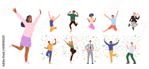 Happy people cartoon characters celebrating success cheerfully jumping rejoicing win and victory photo