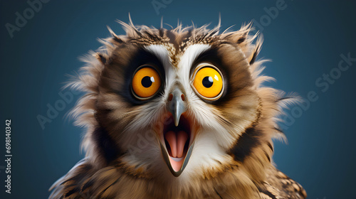 A surprised owl with large yellow eyes, fluffy feathers, and an open beak, set against a smooth blue background