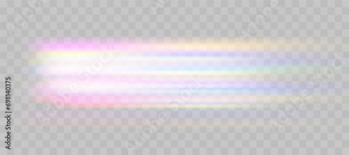 Blurred rainbow refraction overlay effect. Light lens prism effect on transparent background. Holographic reflection, crystal flare leak shadow overlay. Vector abstract illustration photo