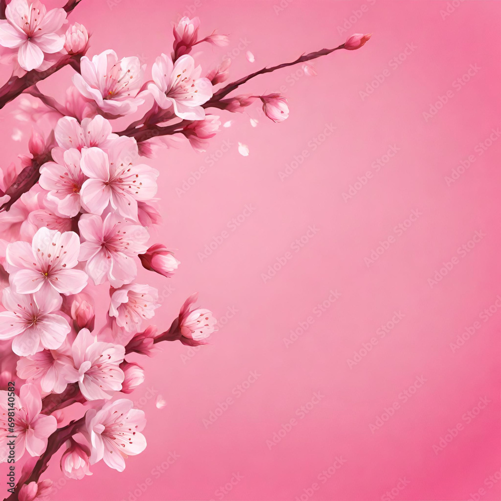 Pink background with branches with cherry leaves