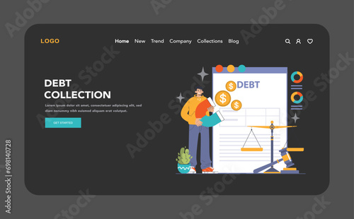Debt Recovery concept. Man pours coins from a megaphone, representing debt collection, balanced with justice scales. Finance, law. Flat vector illustration