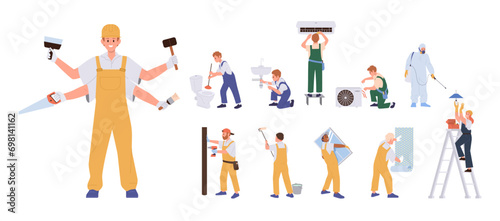 Multitasking workman cartoon characters providing plumbing, renovating and disinfection home service