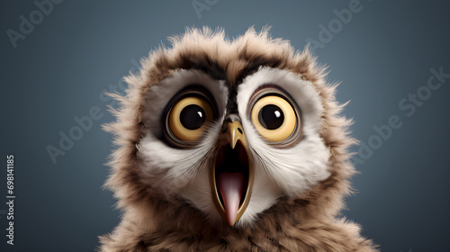 A surprised owl kid with large yellow eyes, fluffy feathers, and an open beak, set against a smooth blue background