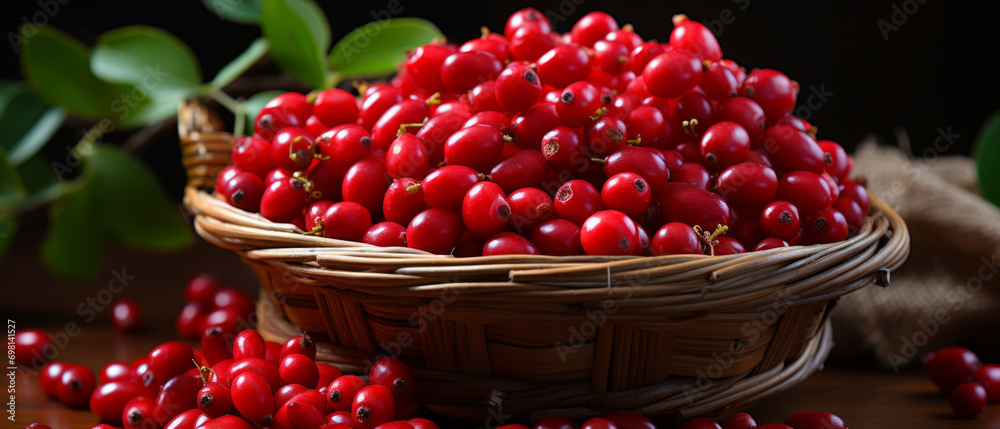 Vibrant red barberries in a basket on a rustic wooden table. Vibrant red barberries in a basket on a rustic wooden table.