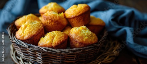 Basket of mini corn muffins made with cornmeal cornbread. photo