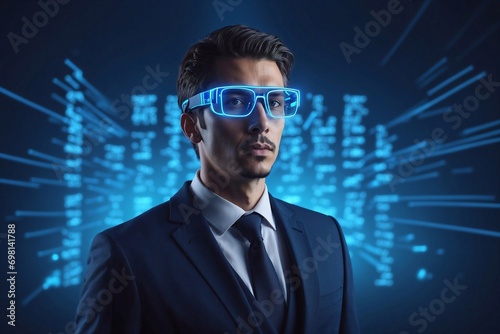 tech-savvy businessman navigating neon-lit, digital server realm, technology, and futuristic, digital modern connections