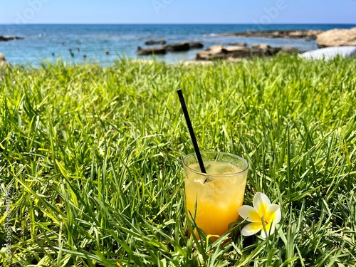 Cocktail with a drinking straw in the grass.