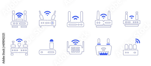 Router icon set. Duotone color. Vector illustration. Containing router, wireless router, wifi router, router device. © Huticon