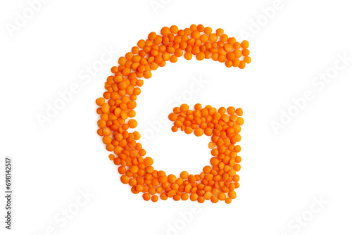 The capital letter 'G' formed from red lentil grains against a clean white backdrop. Perfect for a food blog and menu