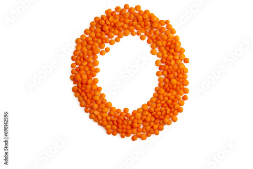 The capital letter 'O' formed from red lentil grains against a clean white backdrop. Perfect for a food blog and menu