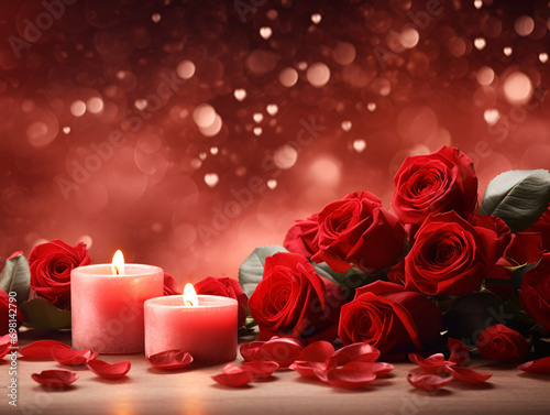red rose and candles valentines day background with copy space