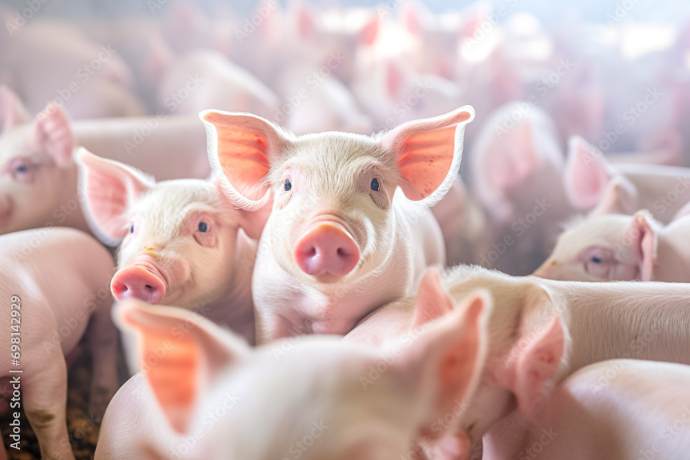 Curious pigs in pig breeding farm in swine business in tidy and clean indoor housing farm.
Curious pigs in pig breeding farm in swine business in tidy and clean indoor housing farm.