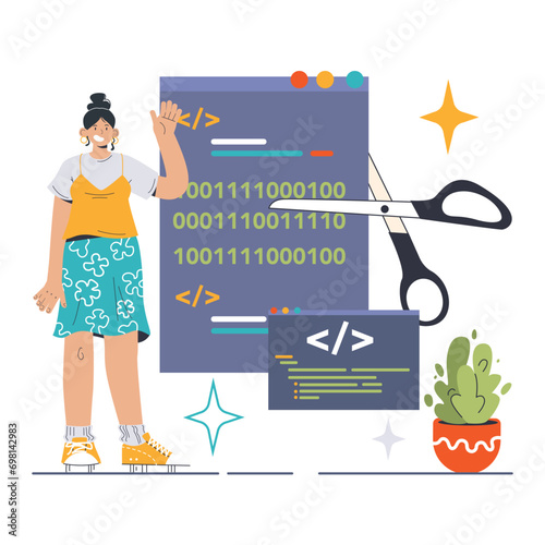 Website optimization concept. Streamlining code to enhance website performance. Reducing load times with clean coding practices. Flat vector illustration.