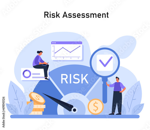 Risk Management concept. Focused on evaluating financial uncertainties and protecting investments with meticulous analysis. Flat vector illustration