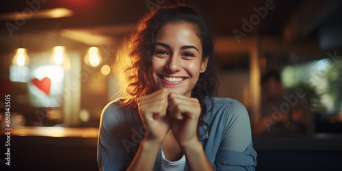 Happy smiling young woman sitting in a cafe.