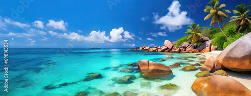 Seychelles Paradise, Praslin Island with Lush Greenery and Granite Boulders. Turquoise Waters and Smooth Granite Rocks Underneath Palm Trees on Praslin Beach photo