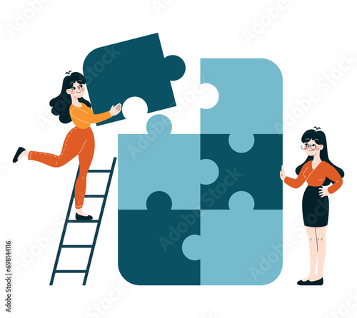 Business People concept. People put puzzles together through teamwork. Teamwork and solution-oriented approach in business. Flat vector illustration