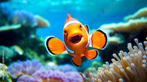 Happy Bright orange clownfish swims near white sea anemone in clear blue ocean water  looking vibrant and lively