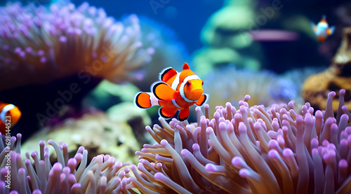 Orange clownfish swims near pink anemone. Bright colors, underwater scene. Fish looks curious, blue ocean background