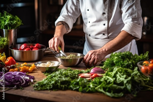 Chef preparing salad in the kitchen at the restaurant. Healthy food concept, A chef preparing a salad with fresh, organic ingredients, AI Generated