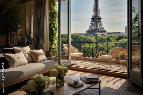 Eiffel tower view from the window in Paris, France, A chic Parisian apartment with a balcony overlooking the Eiffel Tower, AI Generated