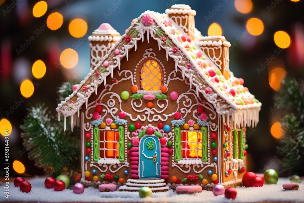 Gingerbread house in the snow with Christmas decoration on bokeh background, A Christmas gingerbread house with candy decorations, AI Generated