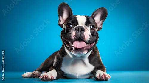Black and white dog. Big ears. Happy smile. Tongue out. Shiny eyes. Lying down. Blue background. Close view photo