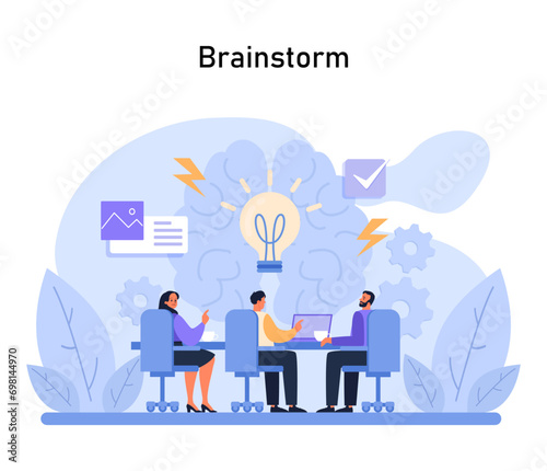 Brainstorm session capture. A dynamic group discussion sparks innovation, with ideas and decisions taking shape amidst creative synergy. Flat vector illustration
