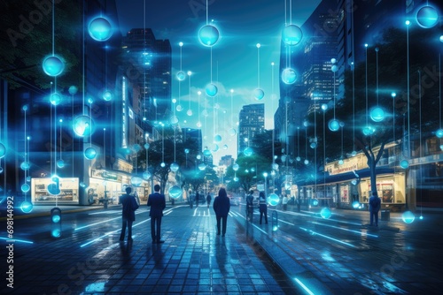 People walking on the street with digital interface. Technology concept. 3D Rendering, A city street illuminated by smart LED lights, AI Generated