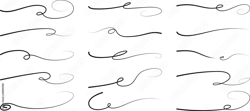 Hand drawn curvy underline. Hand drawn of curly swishes, swashes. Calligraphy swirl. Highlight text elements.