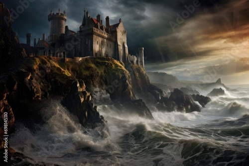 Fantasy landscape of a beautiful castle on the cliff. Dramatic sky, A cliff-top castle overlooking a rough sea under stormy skies, AI Generated