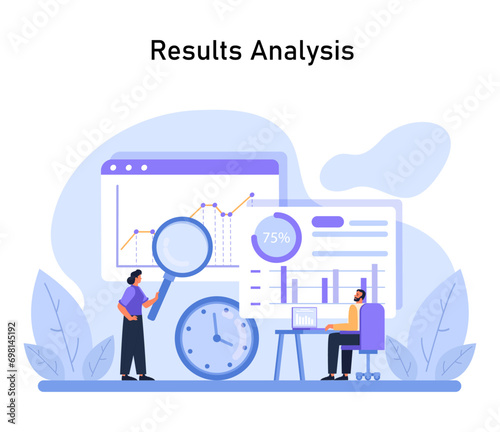 Results Analysis depiction. Experts scrutinize project outcomes using data visualization, marking a critical evaluation stage in the Design Thinking process. Flat vector illustration