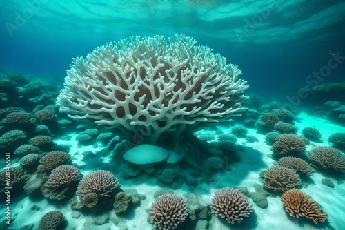 An empty coral sculpture on an underwater pedestal on the ocean floor.