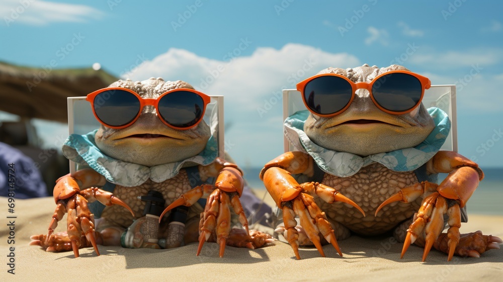 Fashionable fiddler crabs on a sandy beach, showcasing their oversized claws as stylish accessories during their seaside holiday. [elegant animals on a seaside holiday]