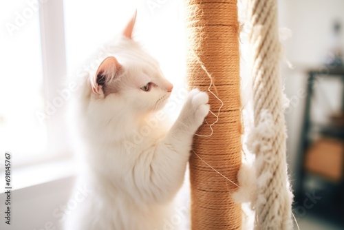 fluffy white cat scratching the sisal rope on a cat tree