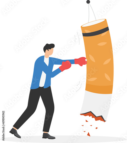 Businessman punching a boxing sandbag defines a man as fighting to quit smoking. Stop smoking.

