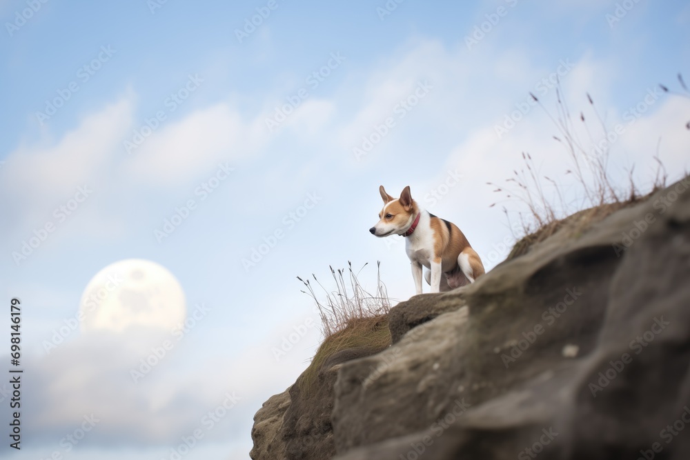 dog on cliff edge, moon piercing clouds behind dog on cliff edge, moon piercing clouds behind