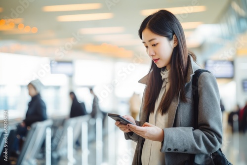 Free Download Young asian woman in international airport, using mobile smartphone and checking flight at the flight information board. - GFXLoad