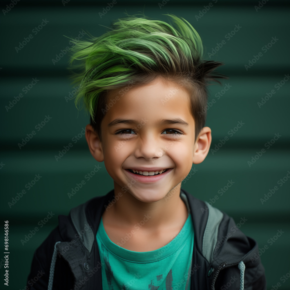 Portrait of Latin American boy with green hair ends hairstyle Portrait of Latin American boy with green hair ends hairstyle