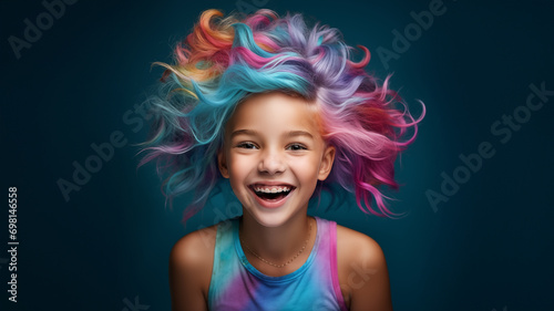 Happy 7 years old girl with multicolored hair against dark blue studio background